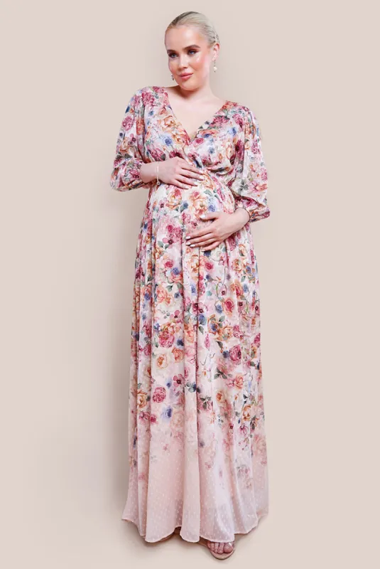 Maternity Ombre Floral Printed Wrap Maxi Dress - Ivory by Goddiva sold by Goddiva