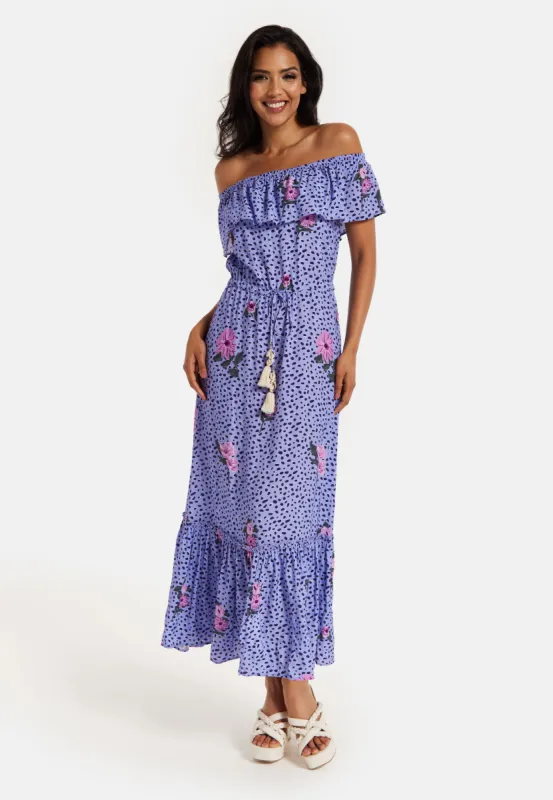 Liquorish Animal And Floral Print Off Shoulder Maxi Dress In Purple sold by Goddiva