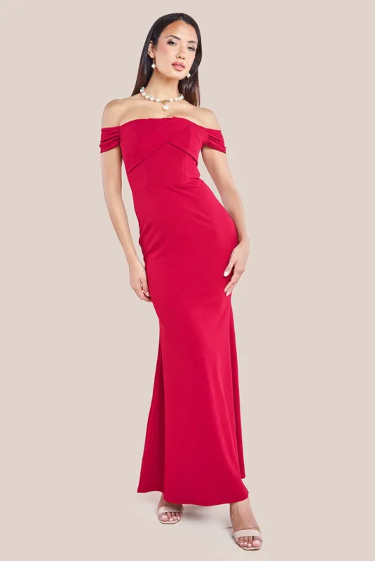Pleated Bardot Scuba Maxi Dress - Wine by Goddiva sold by Goddiva