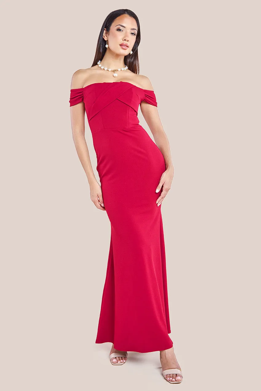 Pleated Bardot Scuba Maxi Dress - Wine by Goddiva sold by Goddiva