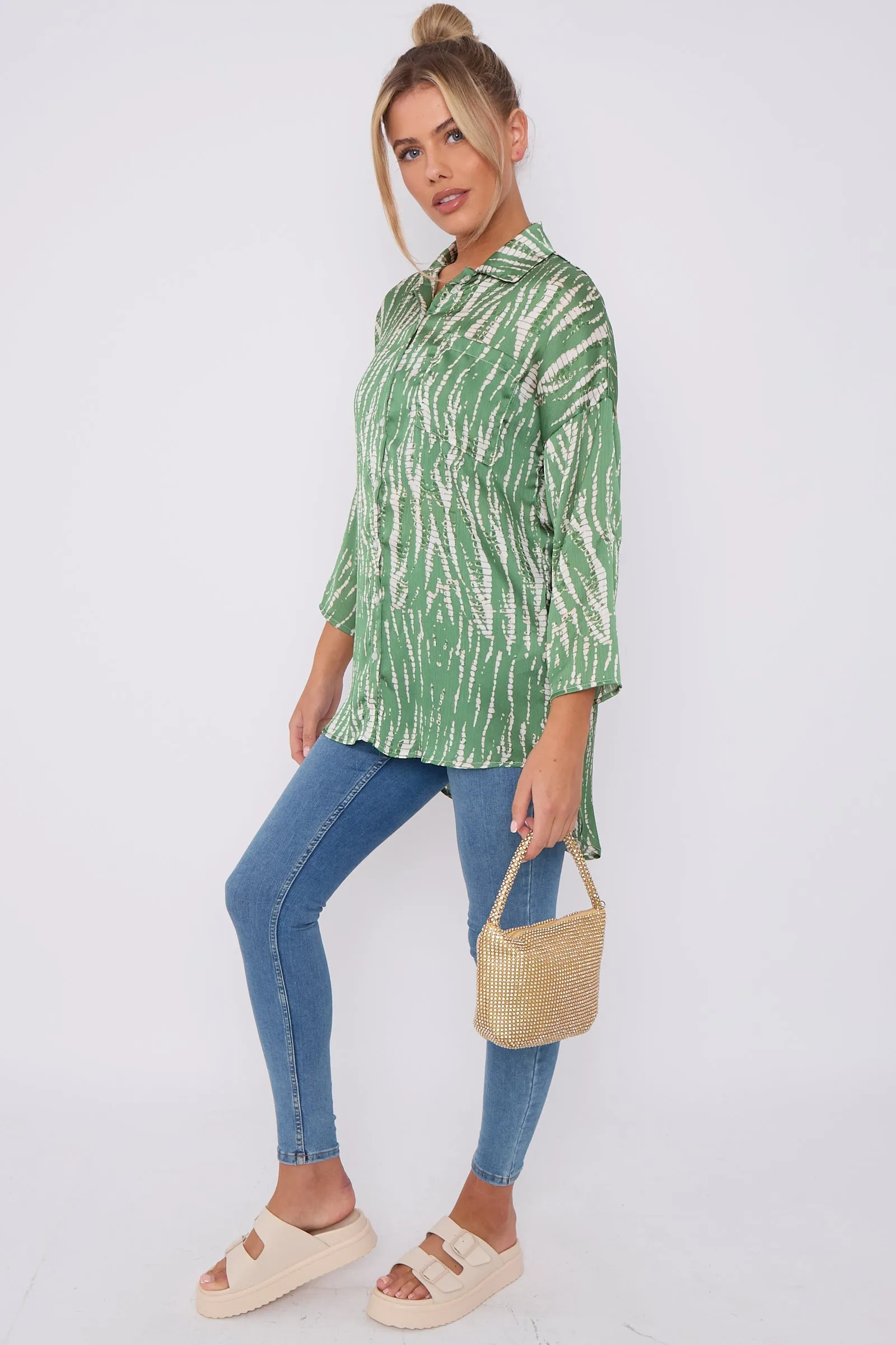 Green Tie Dye Print Satin Oversized Shirt by LOVE SUNSHINE sold by Goddiva product image thumbnail 4