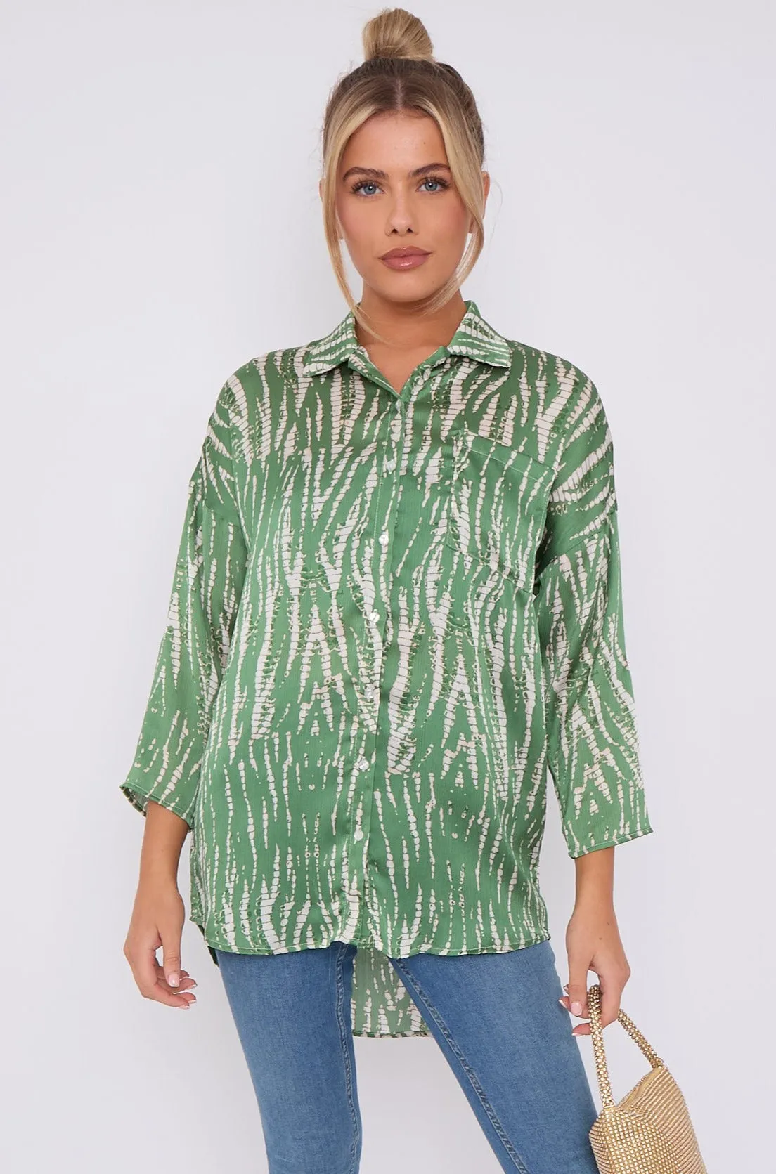 Green Tie Dye Print Satin Oversized Shirt by LOVE SUNSHINE sold by Goddiva