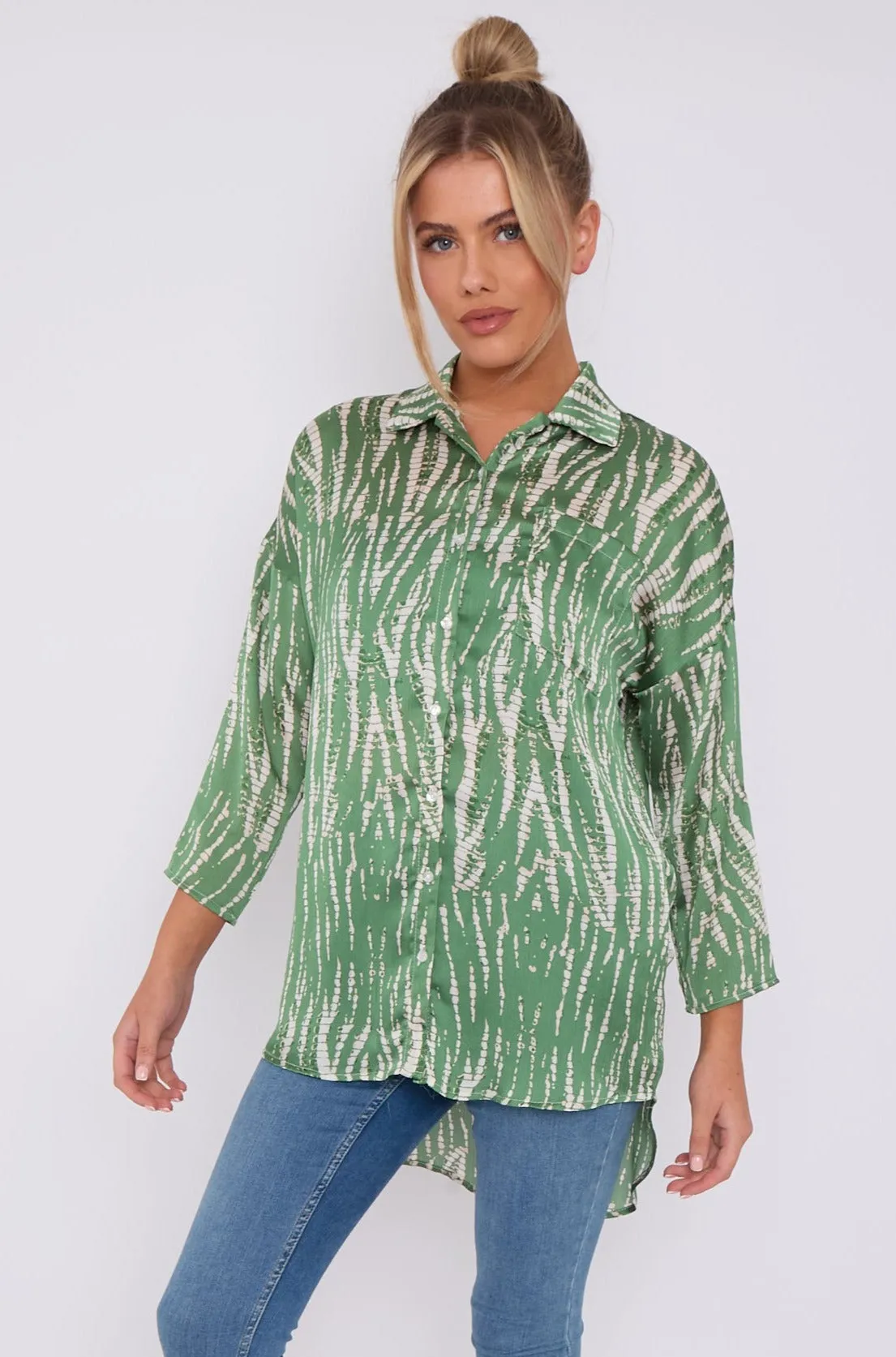 Green Tie Dye Print Satin Oversized Shirt by LOVE SUNSHINE sold by Goddiva product image thumbnail 5