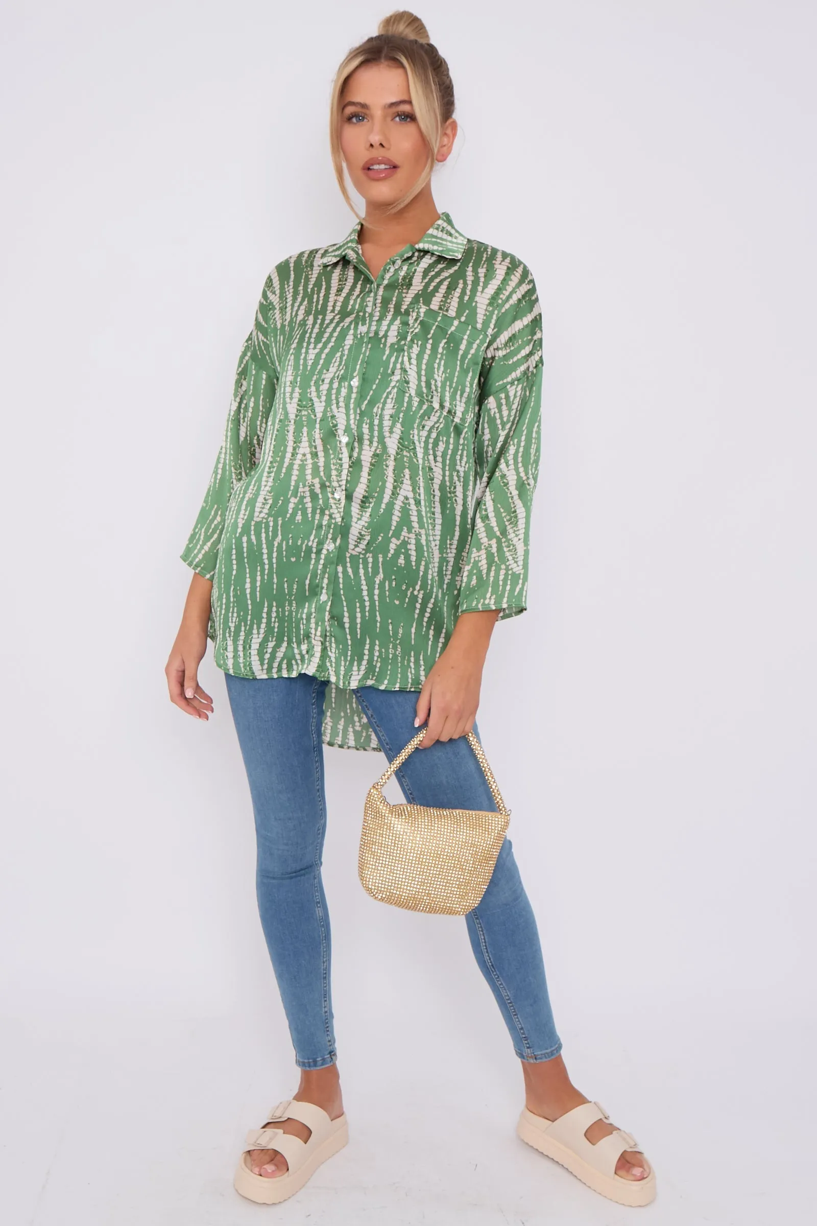 Green Tie Dye Print Satin Oversized Shirt by LOVE SUNSHINE sold by Goddiva product image thumbnail 2