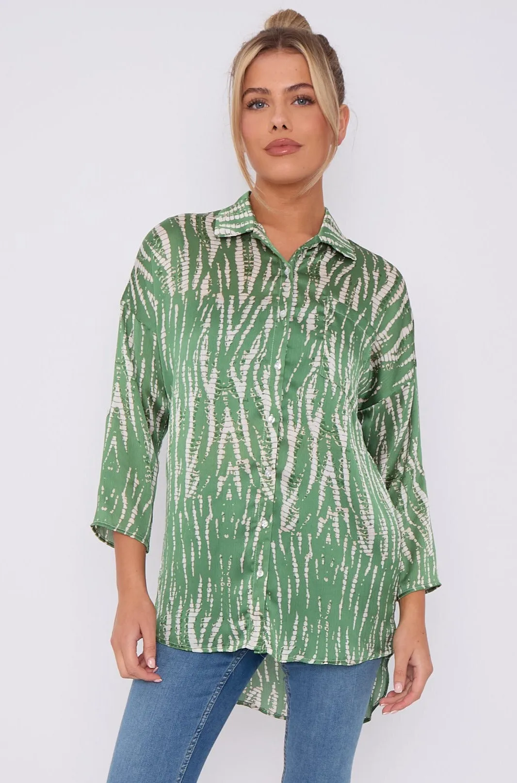 Green Tie Dye Print Satin Oversized Shirt by LOVE SUNSHINE sold by Goddiva product image thumbnail 3