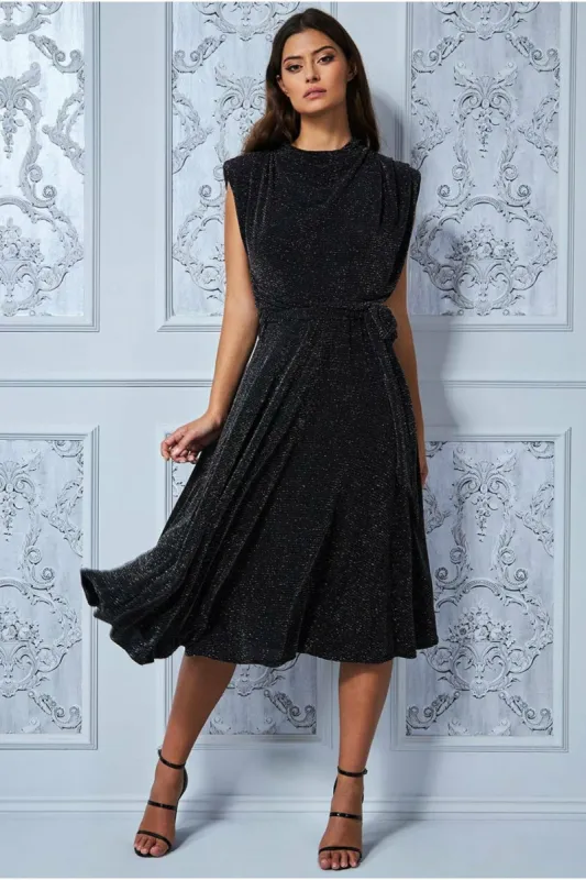 Goddiva High Collar Satin Midi With Shoulder Pads - Black sold by Goddiva