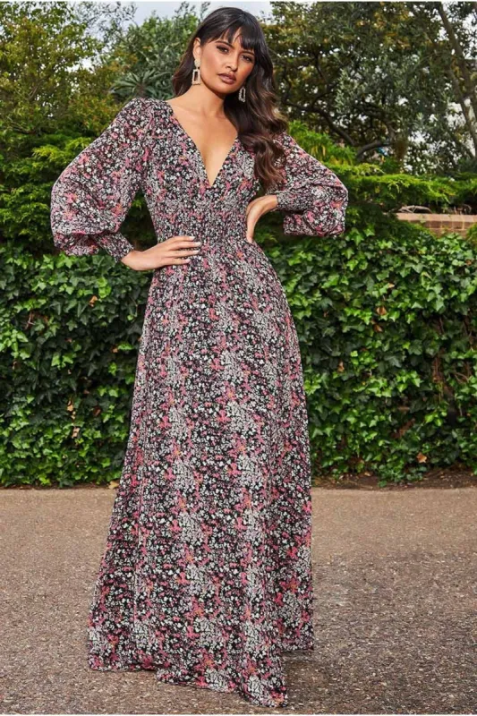 Long Sleeve Maxi Shirred Waistband - Floral Print by Goddiva sold by Goddiva