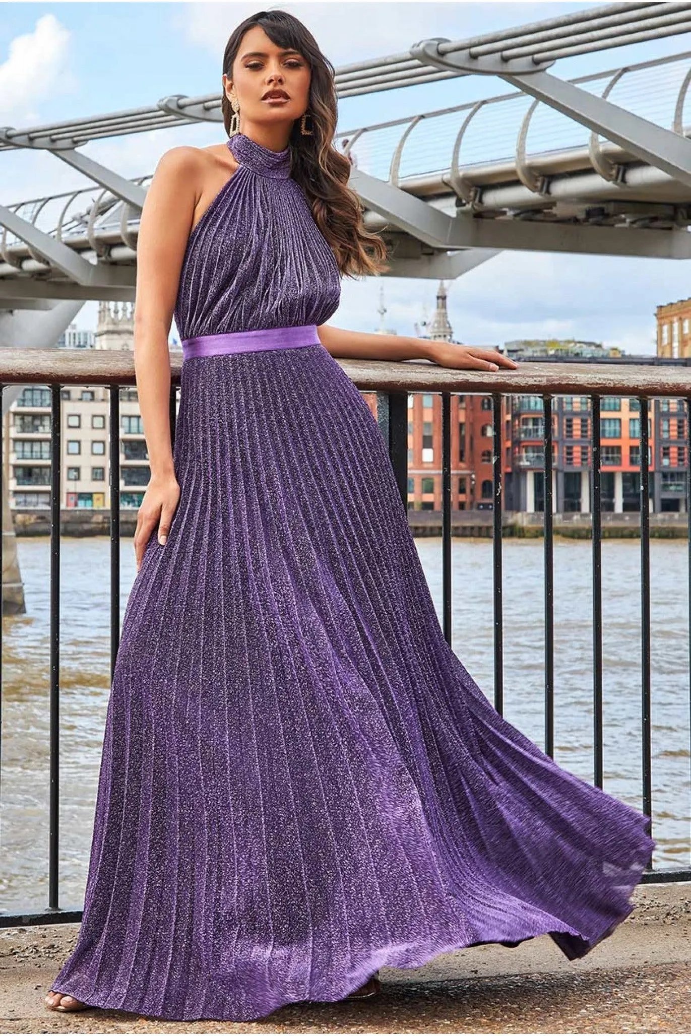 Lurex Halterneck Pleated Maxi Dress - Purple by Goddiva sold by Goddiva product image thumbnail 5