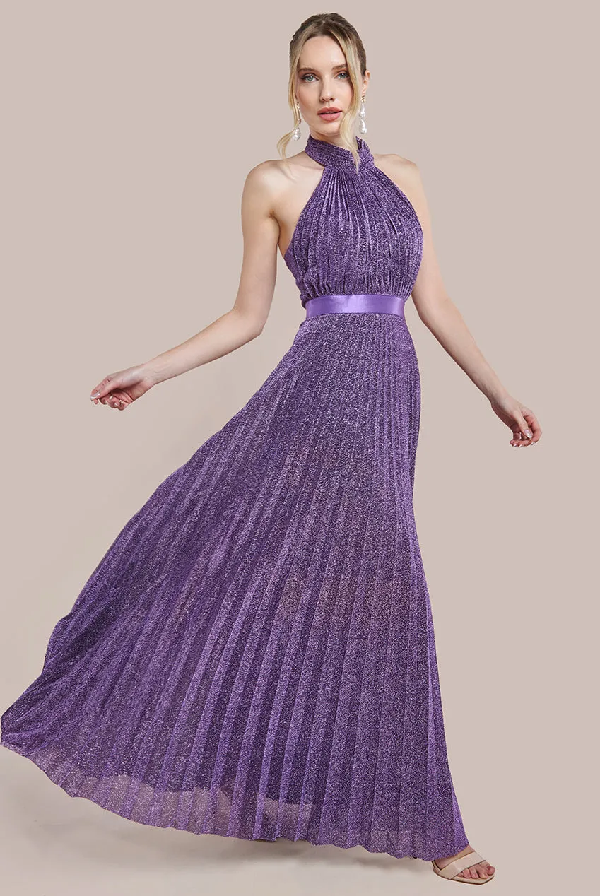 Lurex Halterneck Pleated Maxi Dress - Purple by Goddiva sold by Goddiva