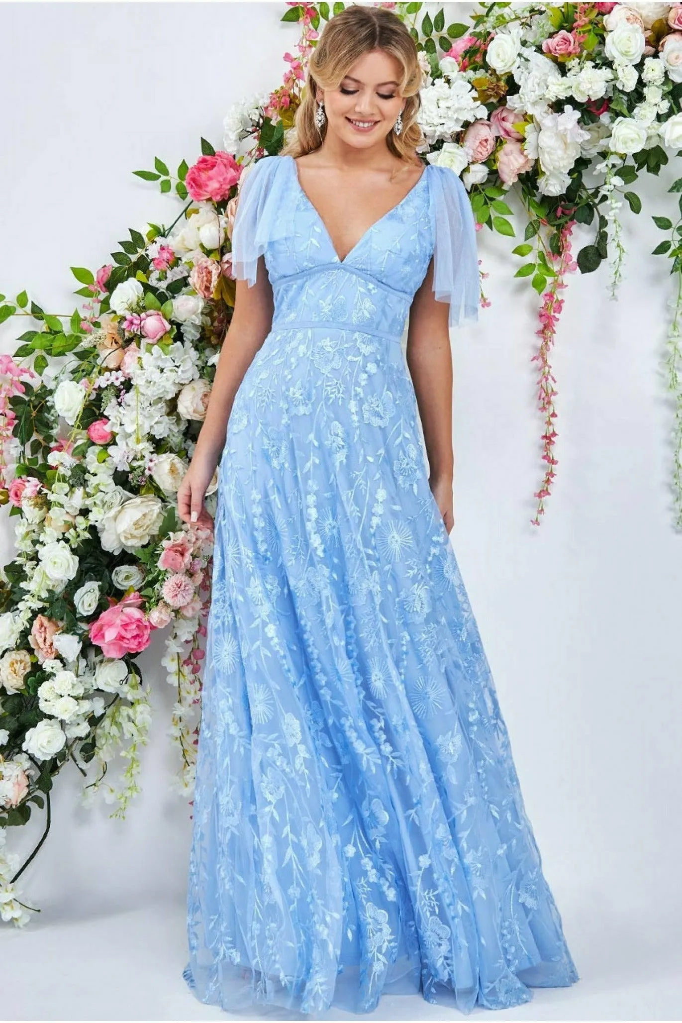 Goddiva Embroidered Lace Maxi Flutter Sleeves - Powder Blue sold by Goddiva