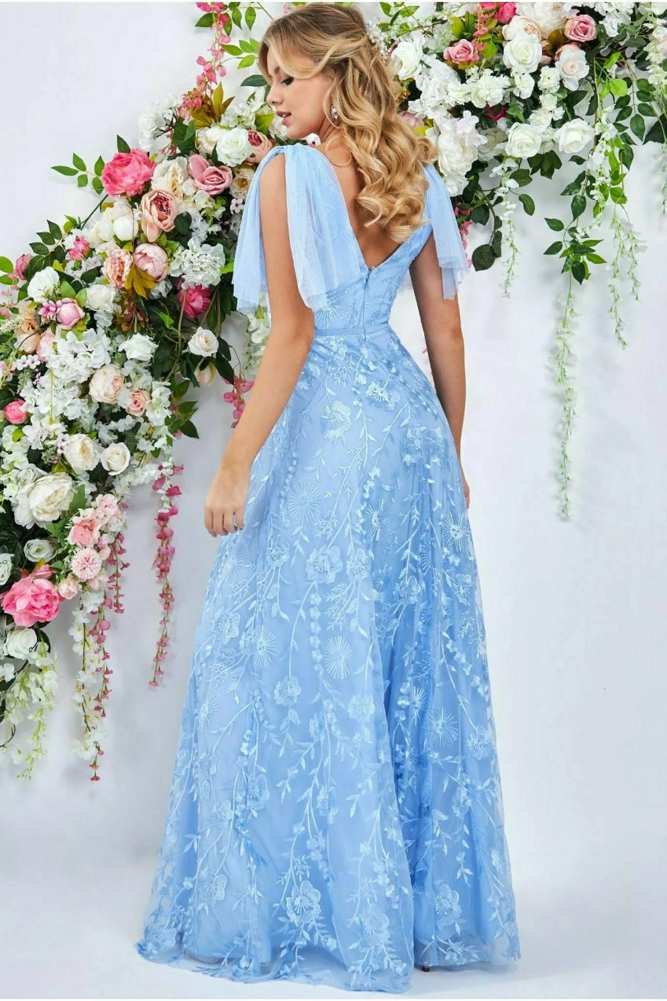 Goddiva Embroidered Lace Maxi Flutter Sleeves - Powder Blue sold by Goddiva product image thumbnail 2