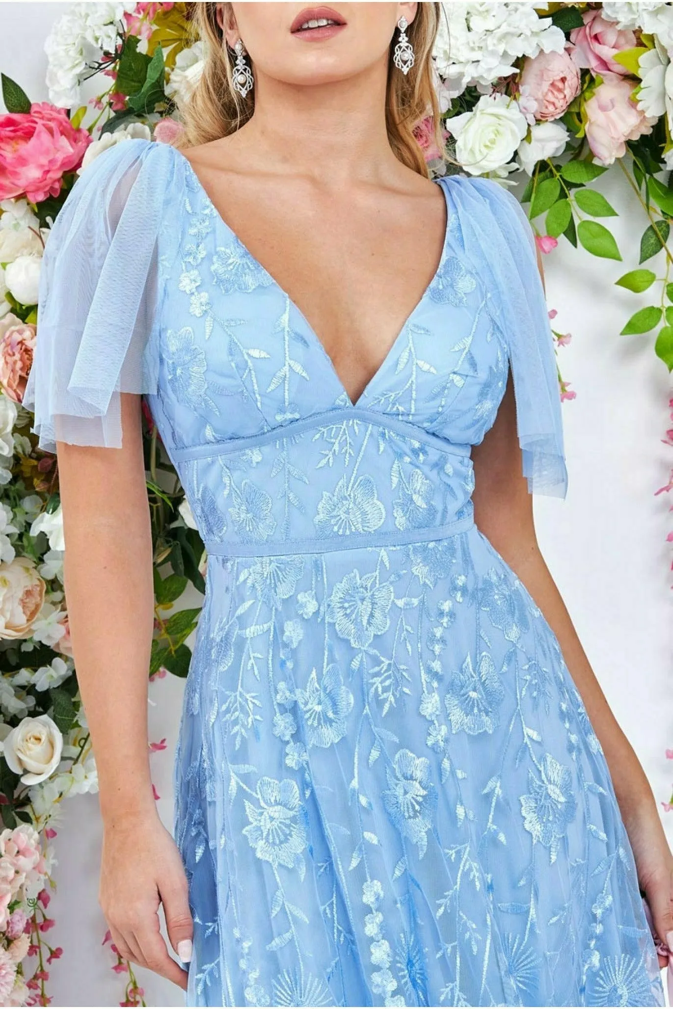 Goddiva Embroidered Lace Maxi Flutter Sleeves - Powder Blue sold by Goddiva product image thumbnail 3