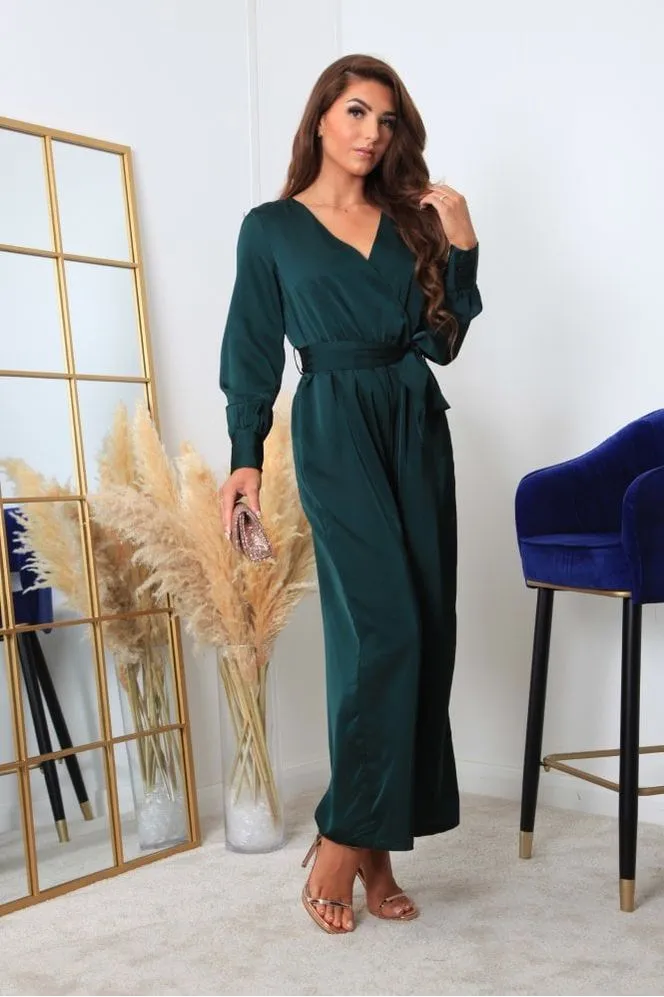Bottle Green Lux Satin Wrap Jumpsuit by Double Second sold by Goddiva product image thumbnail 4