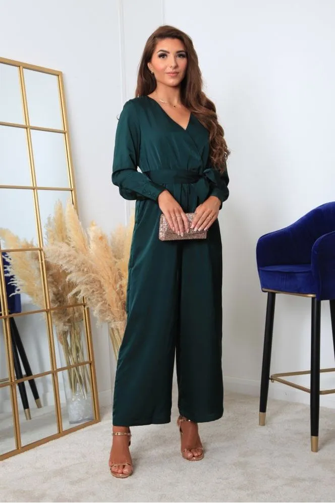 Bottle Green Lux Satin Wrap Jumpsuit by Double Second sold by Goddiva
