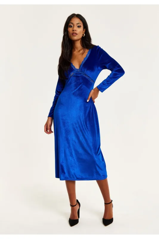 Royal Blue Velvet Midi Dress With Lace Details by Liquorish sold by Goddiva