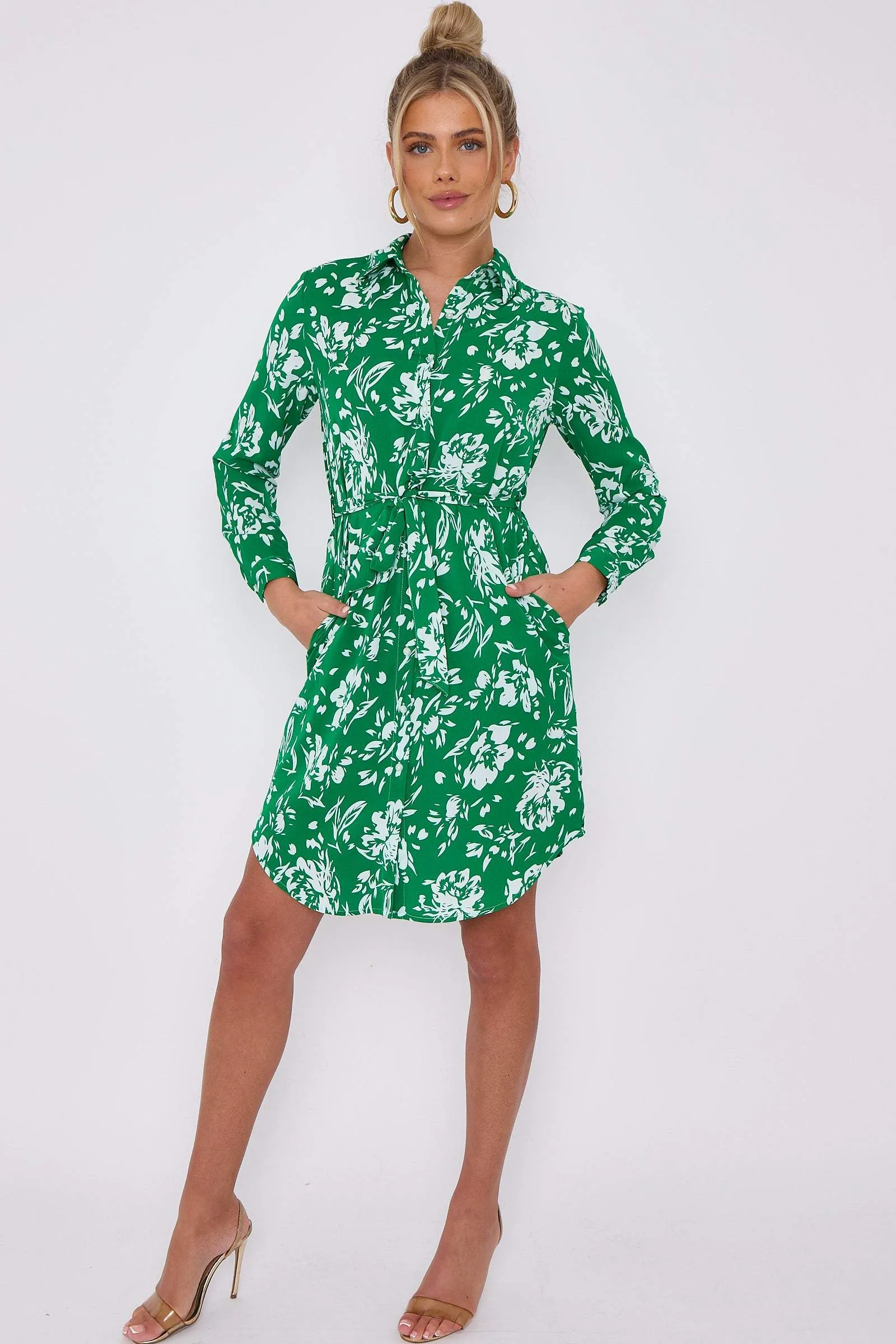 LOVE SUNSHINE Green Floral Print Mini Shirt Dress sold by Goddiva