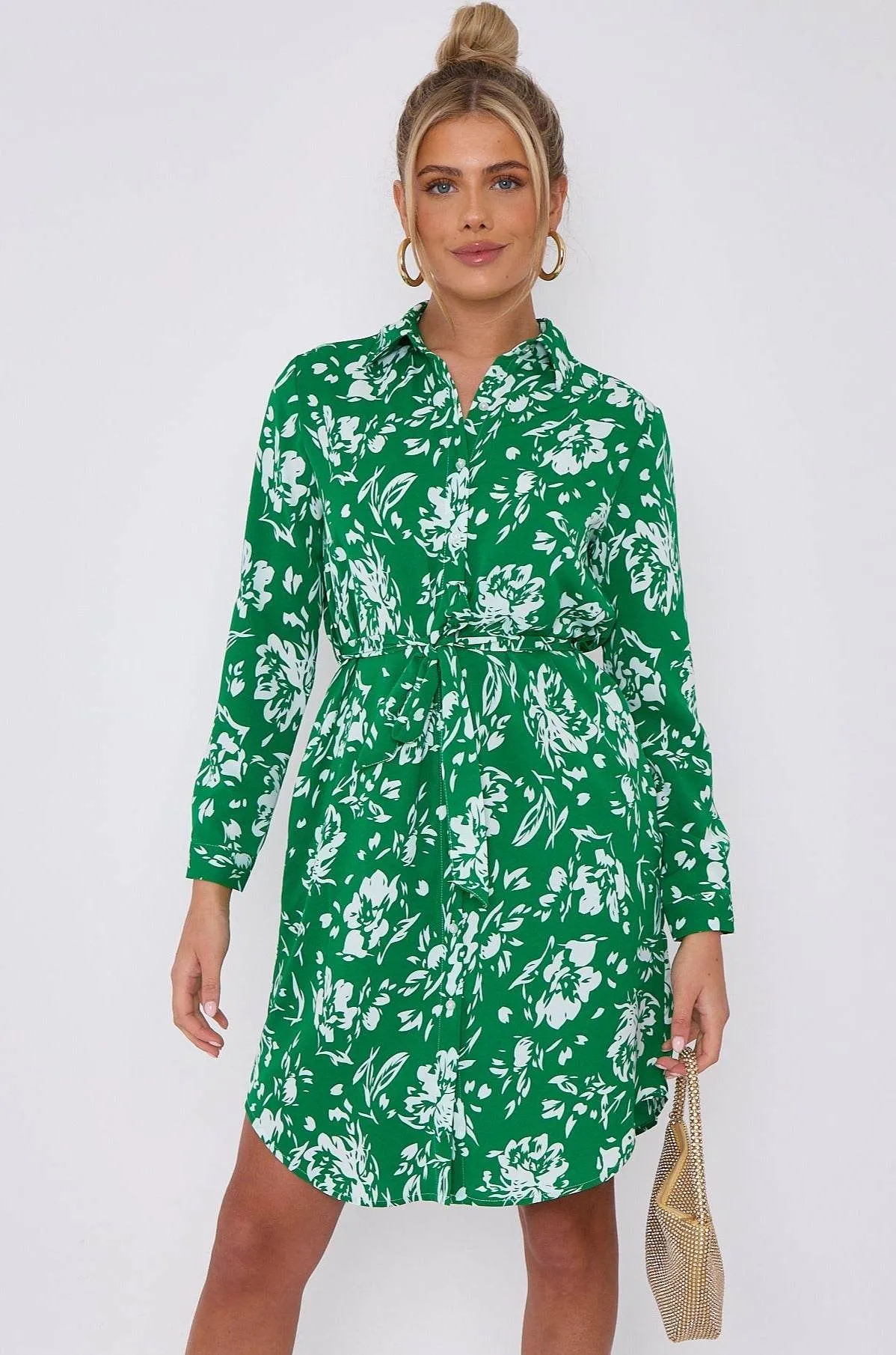 LOVE SUNSHINE Green Floral Print Mini Shirt Dress sold by Goddiva product image thumbnail 5