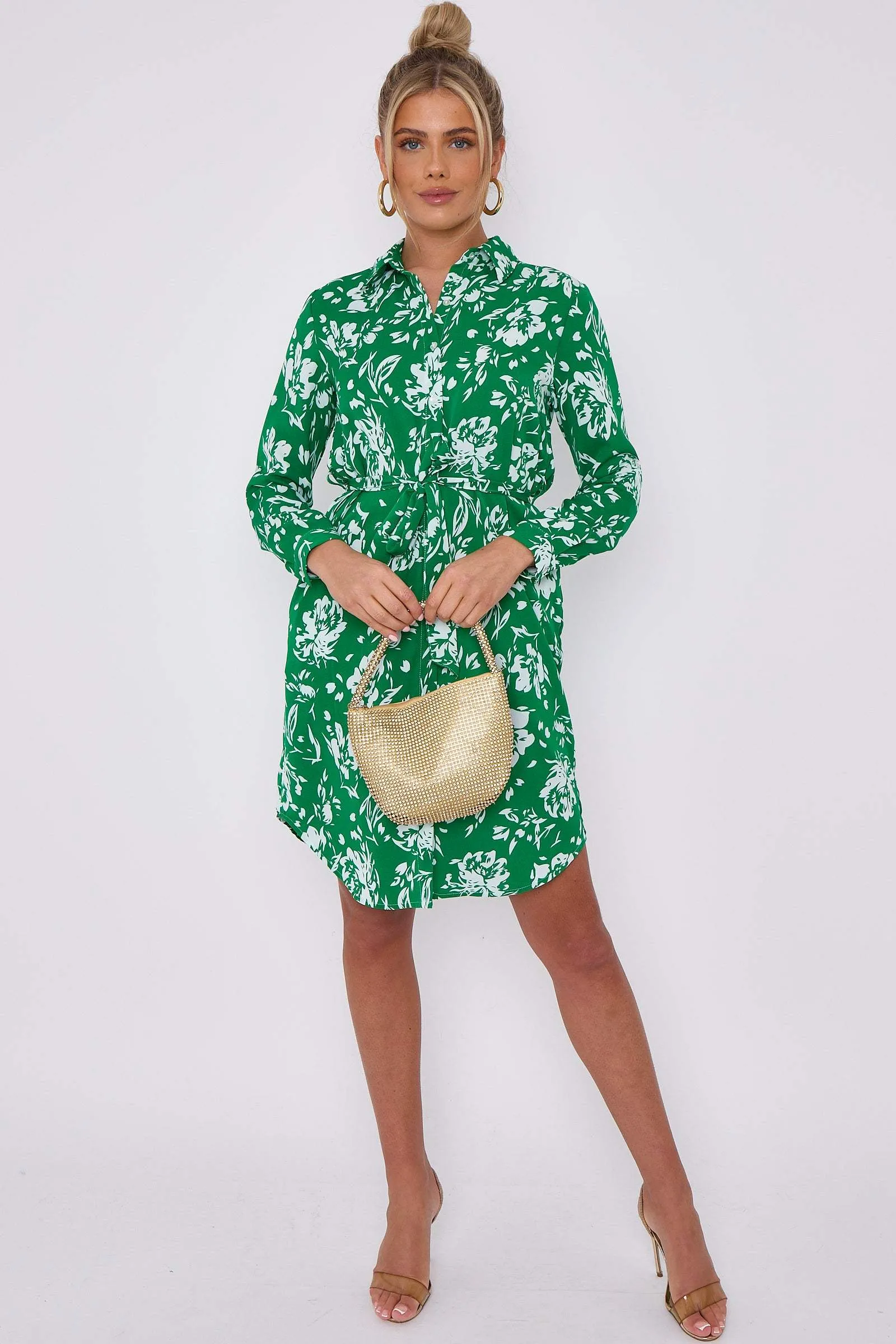 LOVE SUNSHINE Green Floral Print Mini Shirt Dress sold by Goddiva product image thumbnail 3
