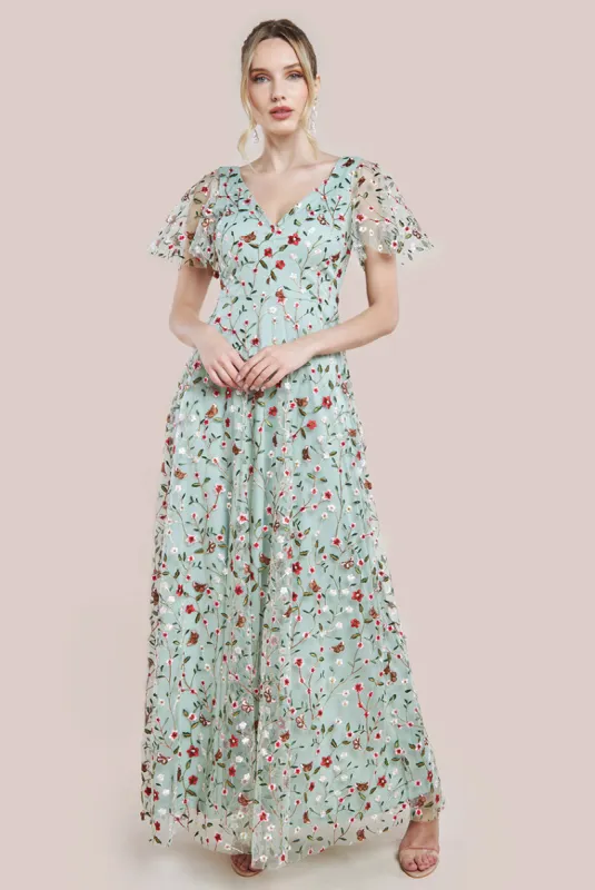 Flutter Sleeve Floral Embroidered Maxi - Sage Green by Goddiva sold by Goddiva