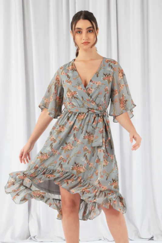 Double Second Floral Print Ruffle Midi Wrap Dress sold by Goddiva