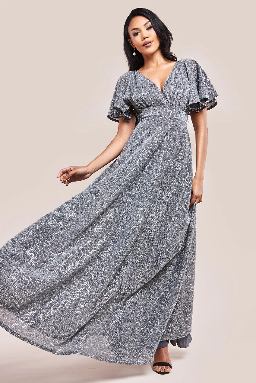 Sequin Lurex Flutter Sleeve Maxi Dress - Silver by Goddiva sold by Goddiva