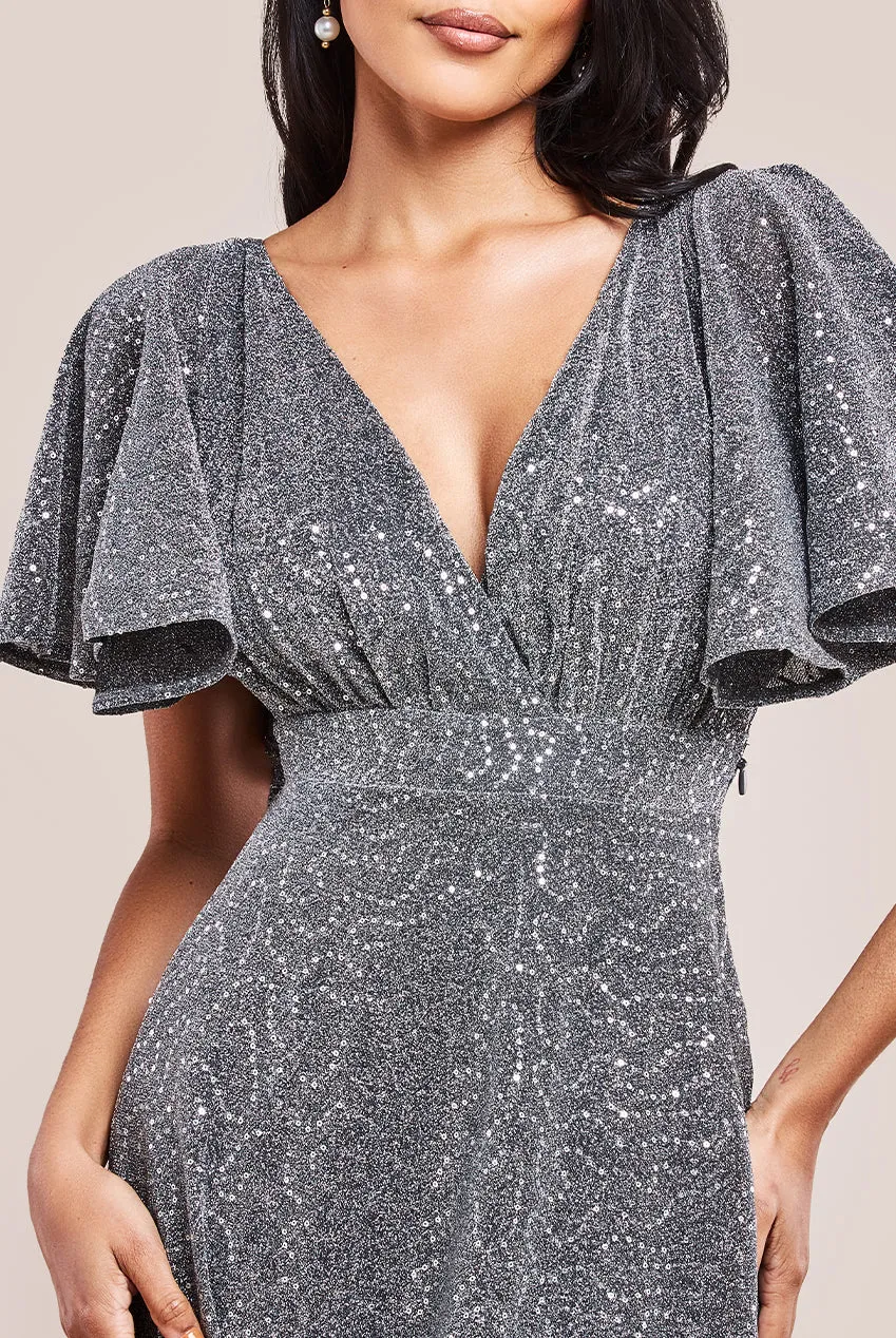 Sequin Lurex Flutter Sleeve Maxi Dress - Silver by Goddiva sold by Goddiva product image thumbnail 3
