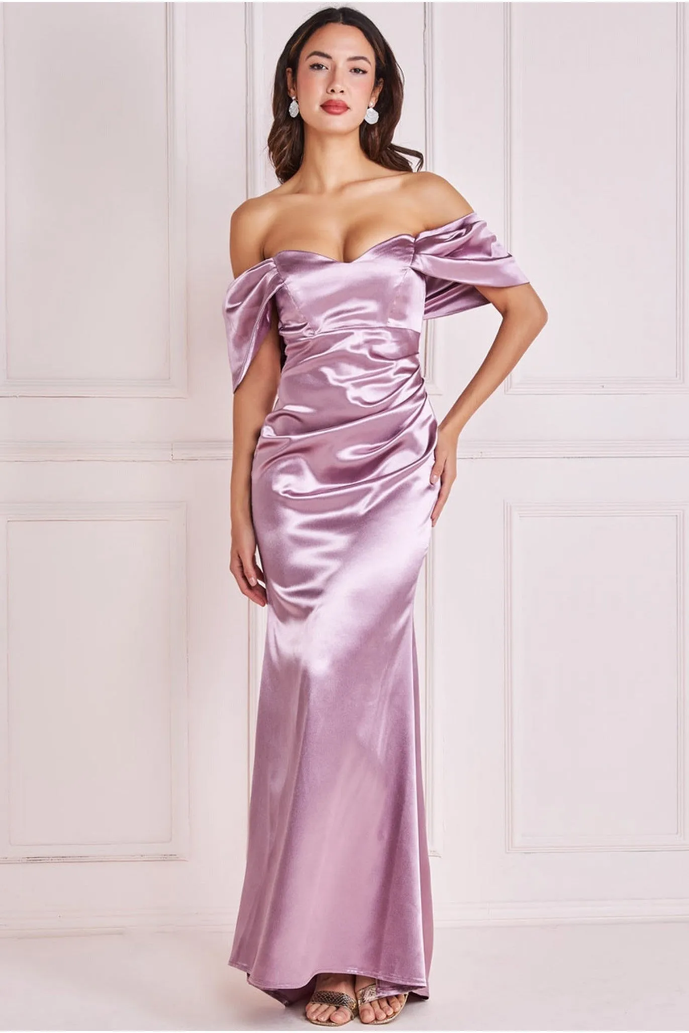 Off Shoulder Satin Maxi With V Neck - Rosepink by Goddiva sold by Goddiva product image thumbnail 2