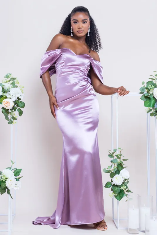 Off Shoulder Satin Maxi With V Neck - Rosepink by Goddiva sold by Goddiva