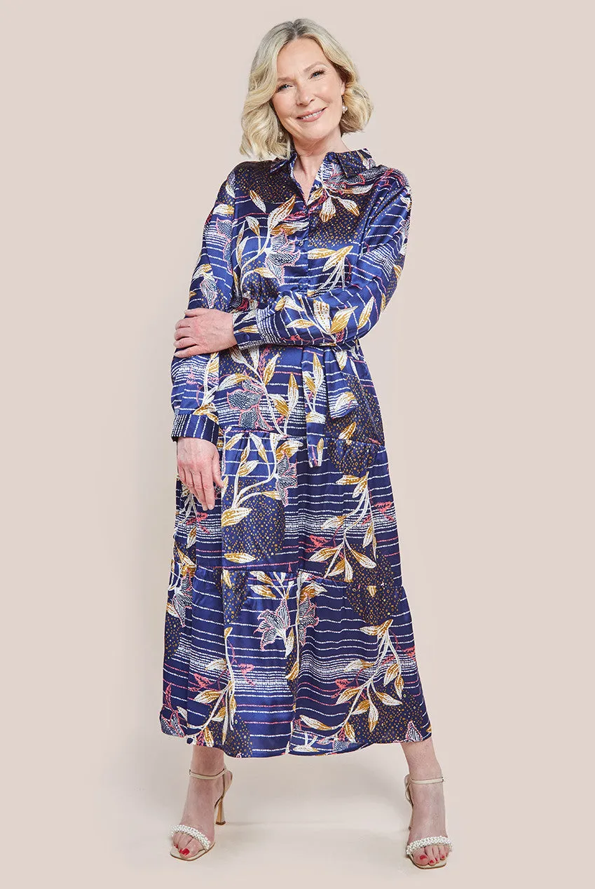 Printed Tiered Shirt Midi Dress - Navy by Goddiva sold by Goddiva