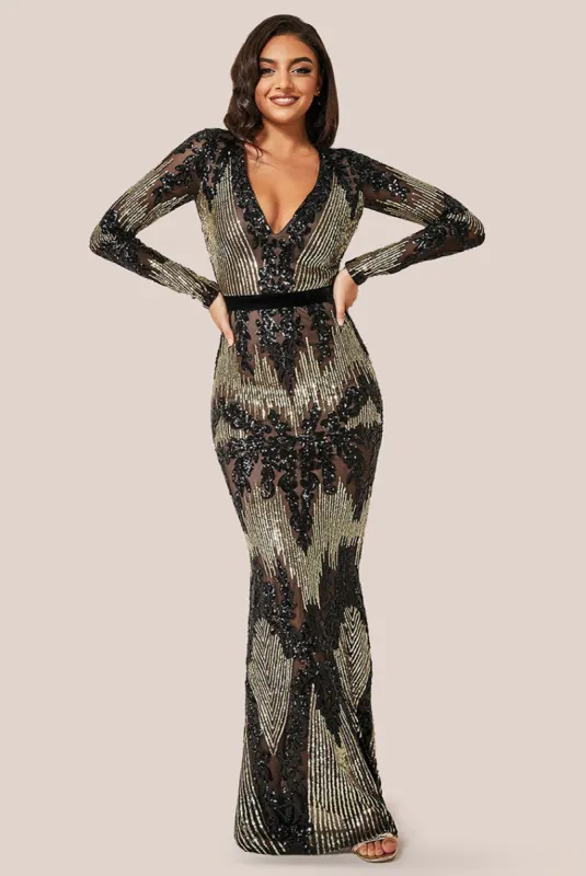 Long Sleeve Sequin Evening Maxi Dress - Black by Goddiva sold by Goddiva