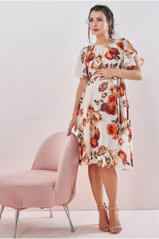 Maternity Wrap Back Flutter Sleeve Midi Beige by Goddiva sold by Goddiva