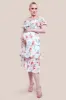 Maternity Pleated Bodice Chiffon Tiered Midi Dress - Cream by Goddiva sold by Goddiva