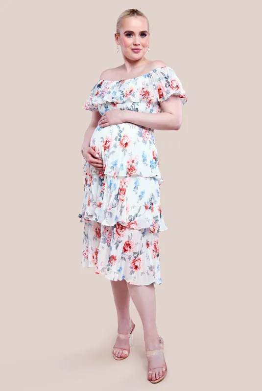 Maternity Pleated Bodice Chiffon Tiered Midi Dress - Cream by Goddiva sold by Goddiva