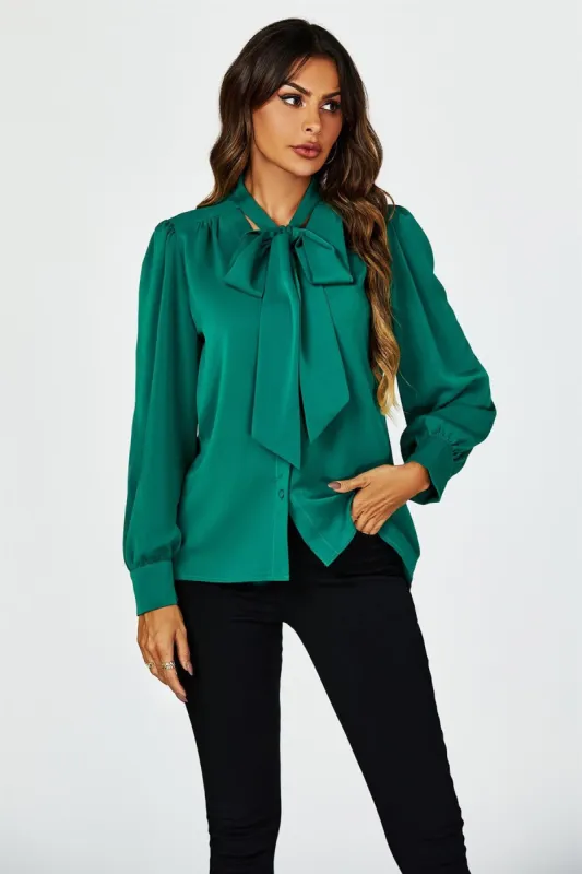 FS Collection Tie Detail Long Sleeve Blouse Top In Green sold by Goddiva