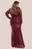 Goddiva Plus Long Sleeve Sequin Evening Maxi - Wine sold by Goddiva