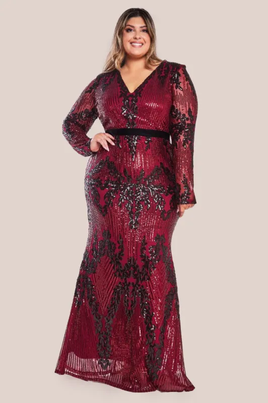 Goddiva Plus Long Sleeve Sequin Evening Maxi - Wine sold by Goddiva