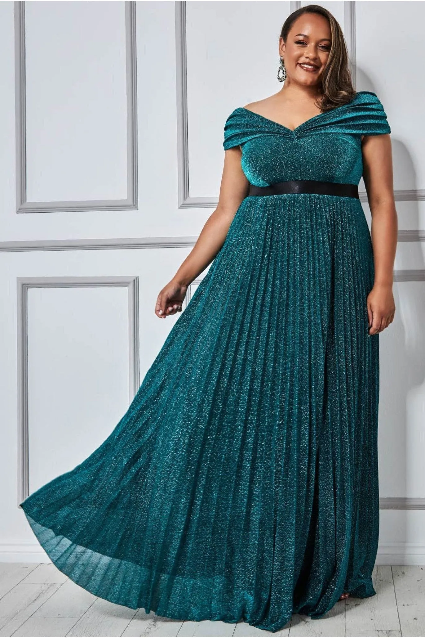 Goddiva Plus Bardot Pleated Skirt Maxi Dress - Emerald Green sold by Goddiva