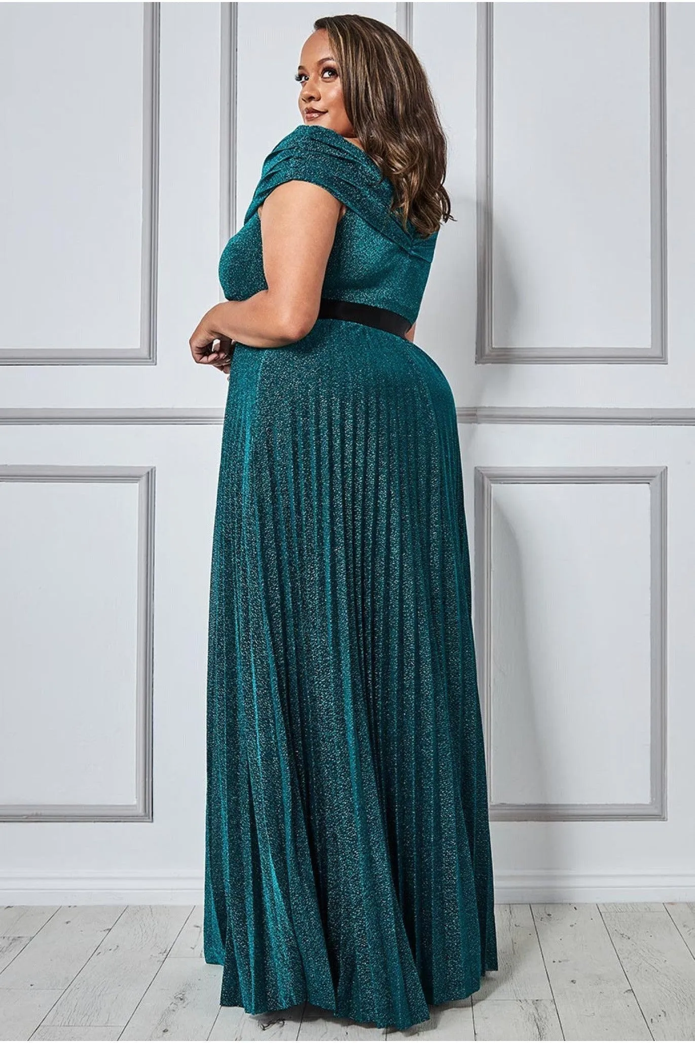Goddiva Plus Bardot Pleated Skirt Maxi Dress - Emerald Green sold by Goddiva product image thumbnail 2
