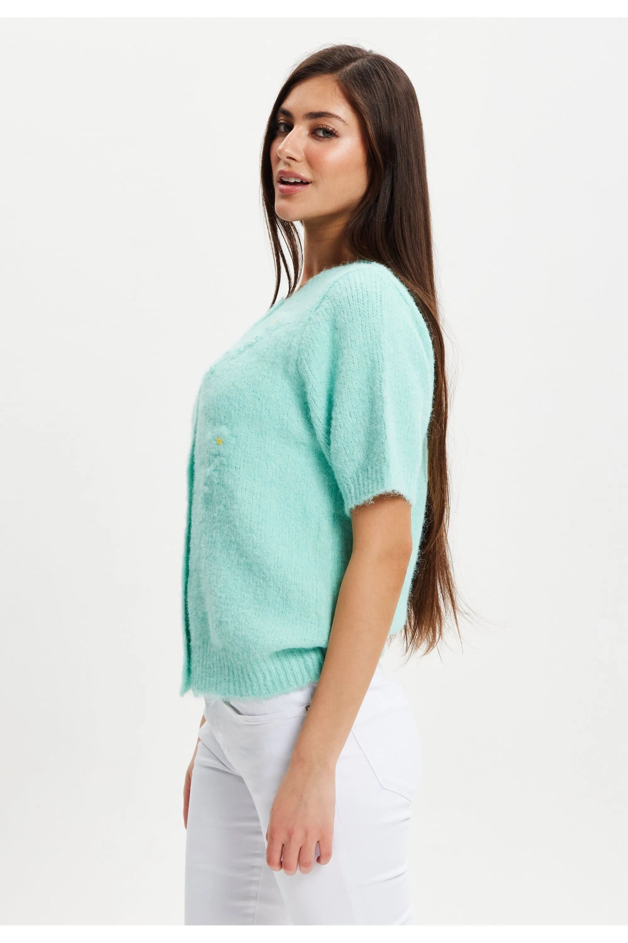 Turquoise Knitted Floral Short Sleeve Cardigan by Liquorish sold by Goddiva product image thumbnail 4