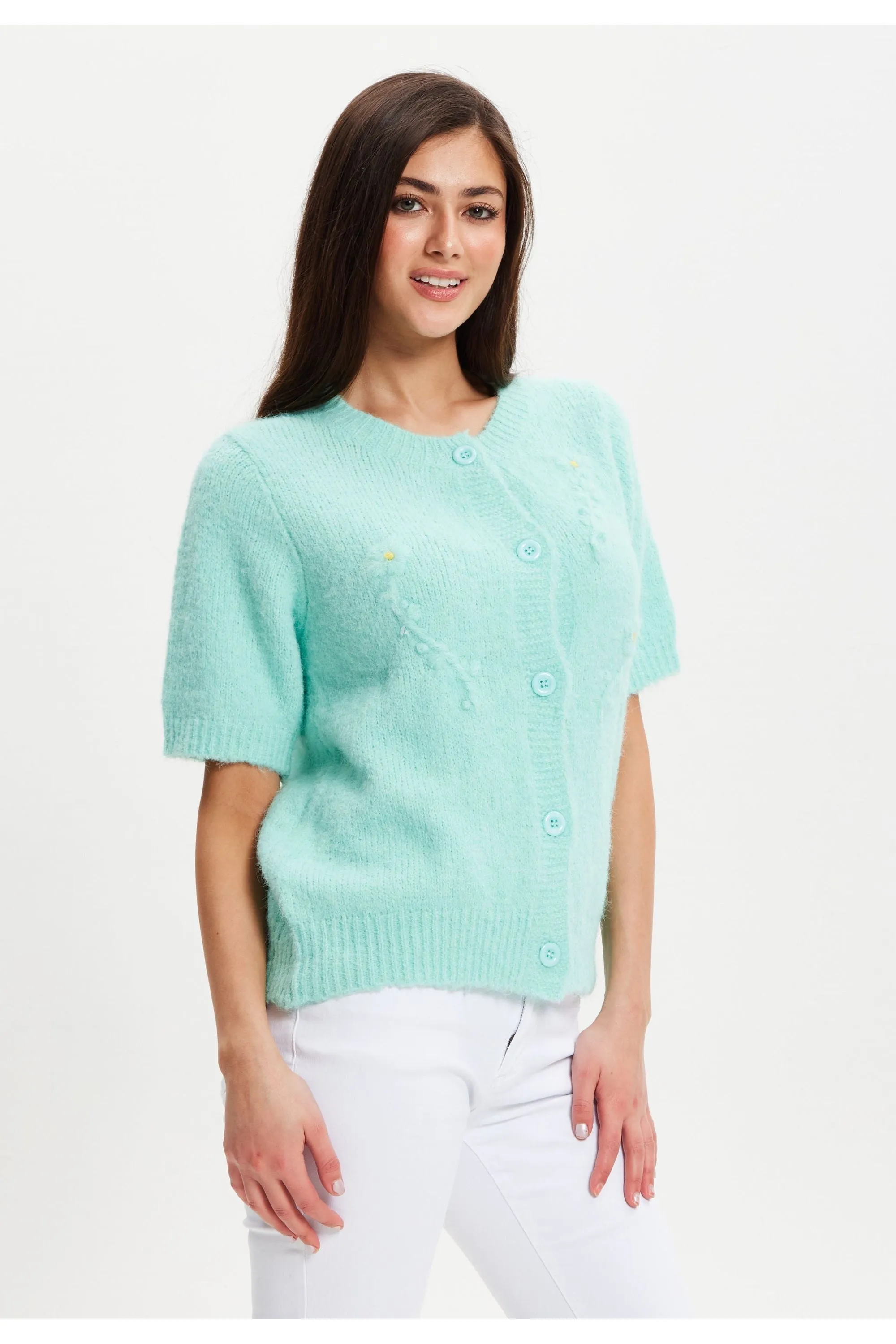 Turquoise Knitted Floral Short Sleeve Cardigan by Liquorish sold by Goddiva