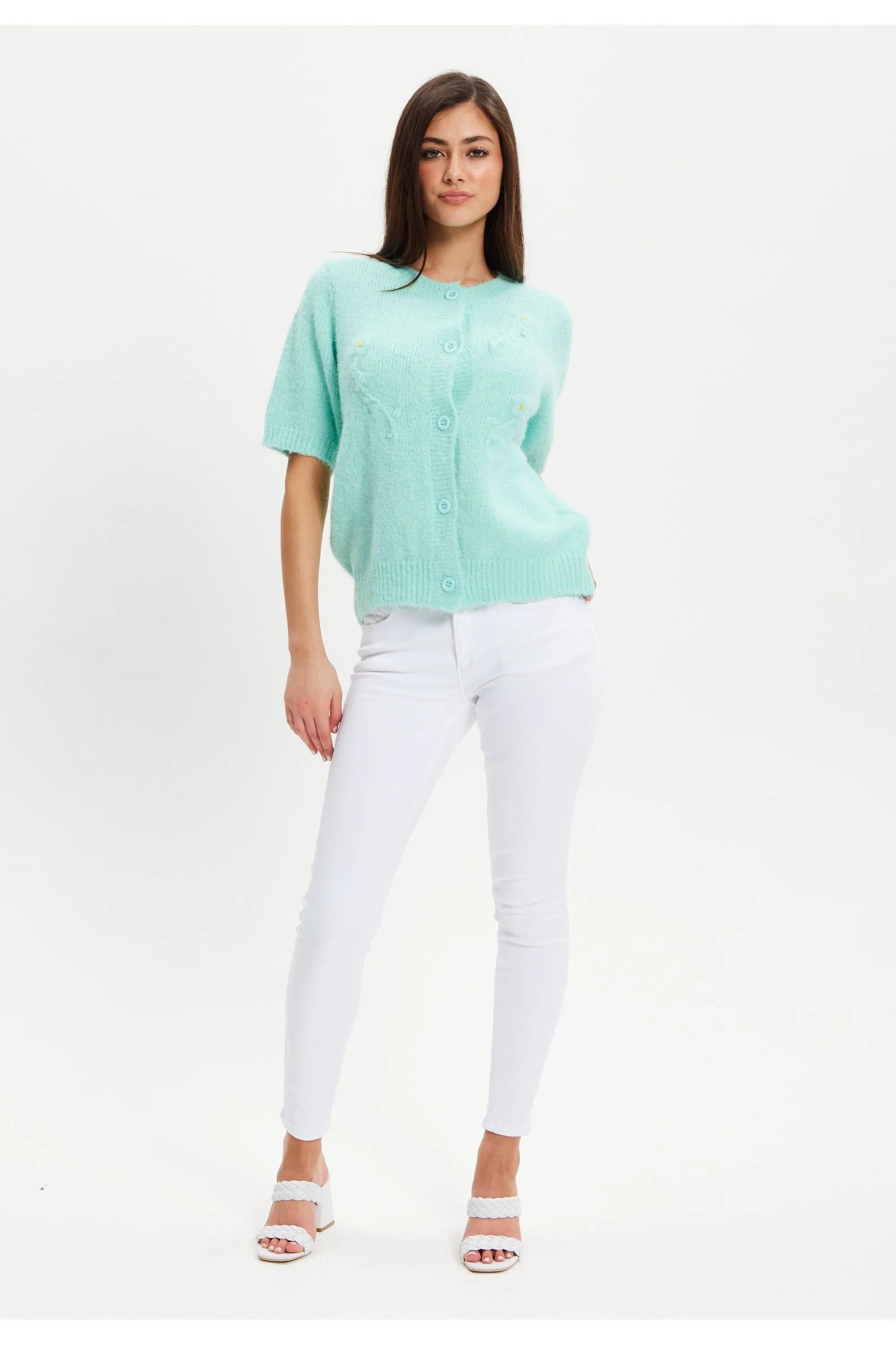 Turquoise Knitted Floral Short Sleeve Cardigan by Liquorish sold by Goddiva product image thumbnail 2