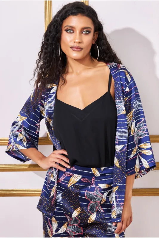 Printed Satin Kimono - Navy by Goddiva sold by Goddiva