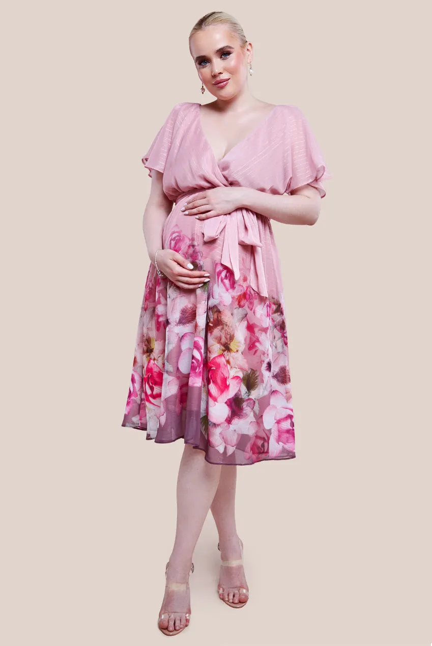 Maternity Chiffon Lurex Floral Border Print Midi Dress - Blush by Goddiva sold by Goddiva
