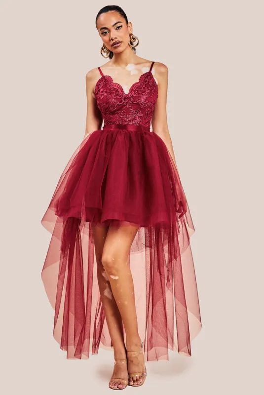 High Low Tulle Mini With Lace Bodice - Wine by Goddiva sold by Goddiva