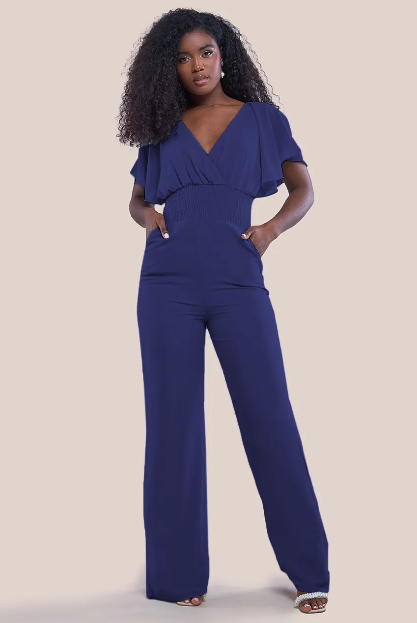 Goddiva Chiffon Jumpsuit With Flutter Sleeves - Navy sold by Goddiva