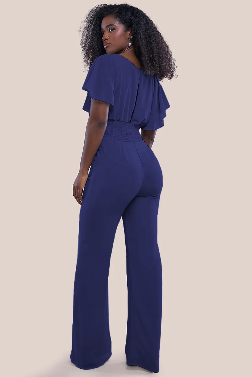 Goddiva Chiffon Jumpsuit With Flutter Sleeves - Navy sold by Goddiva product image thumbnail 2