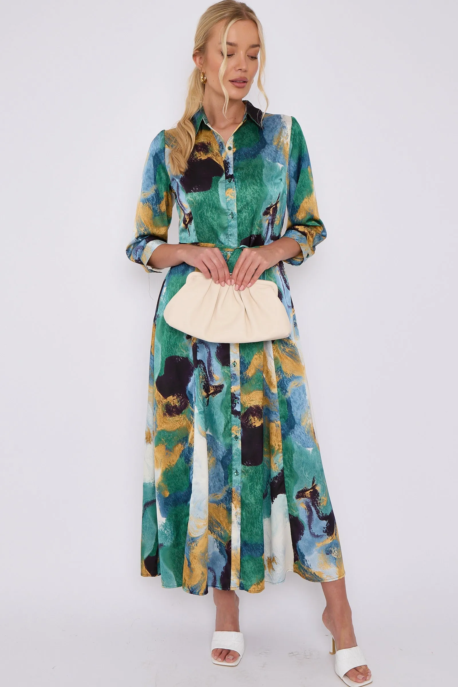 Green Abstract Print Satin Maxi Shirt Dress by LOVE SUNSHINE sold by Goddiva product image thumbnail 3