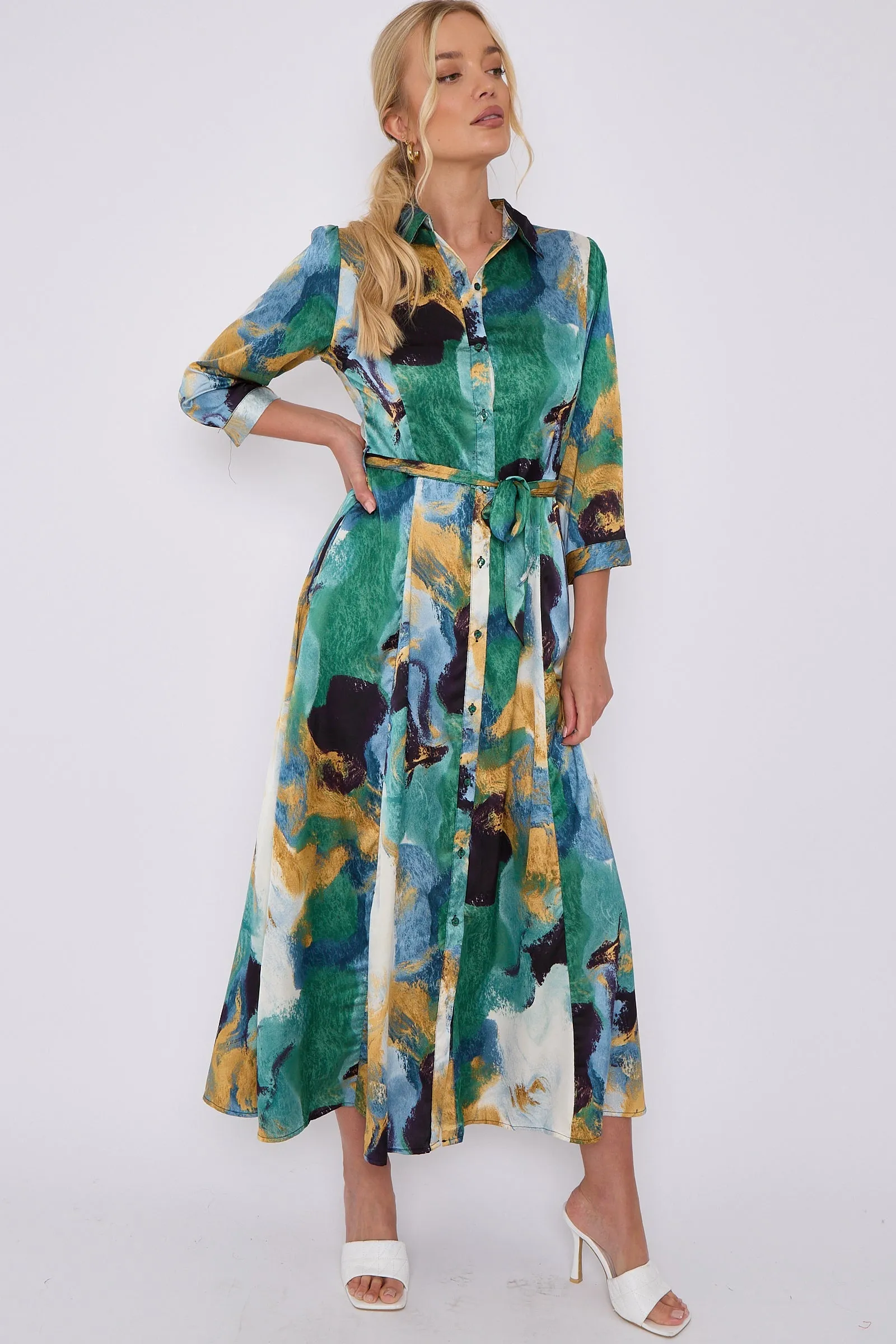 Green Abstract Print Satin Maxi Shirt Dress by LOVE SUNSHINE sold by Goddiva product image thumbnail 4