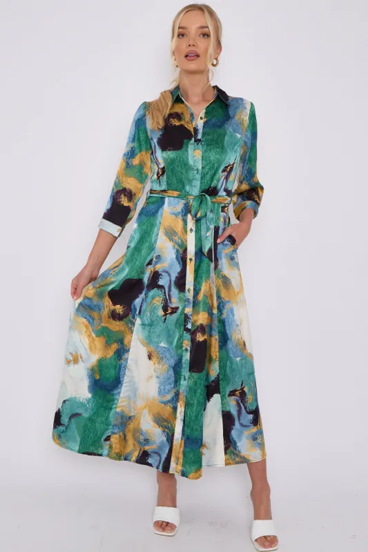 Green Abstract Print Satin Maxi Shirt Dress by LOVE SUNSHINE sold by Goddiva