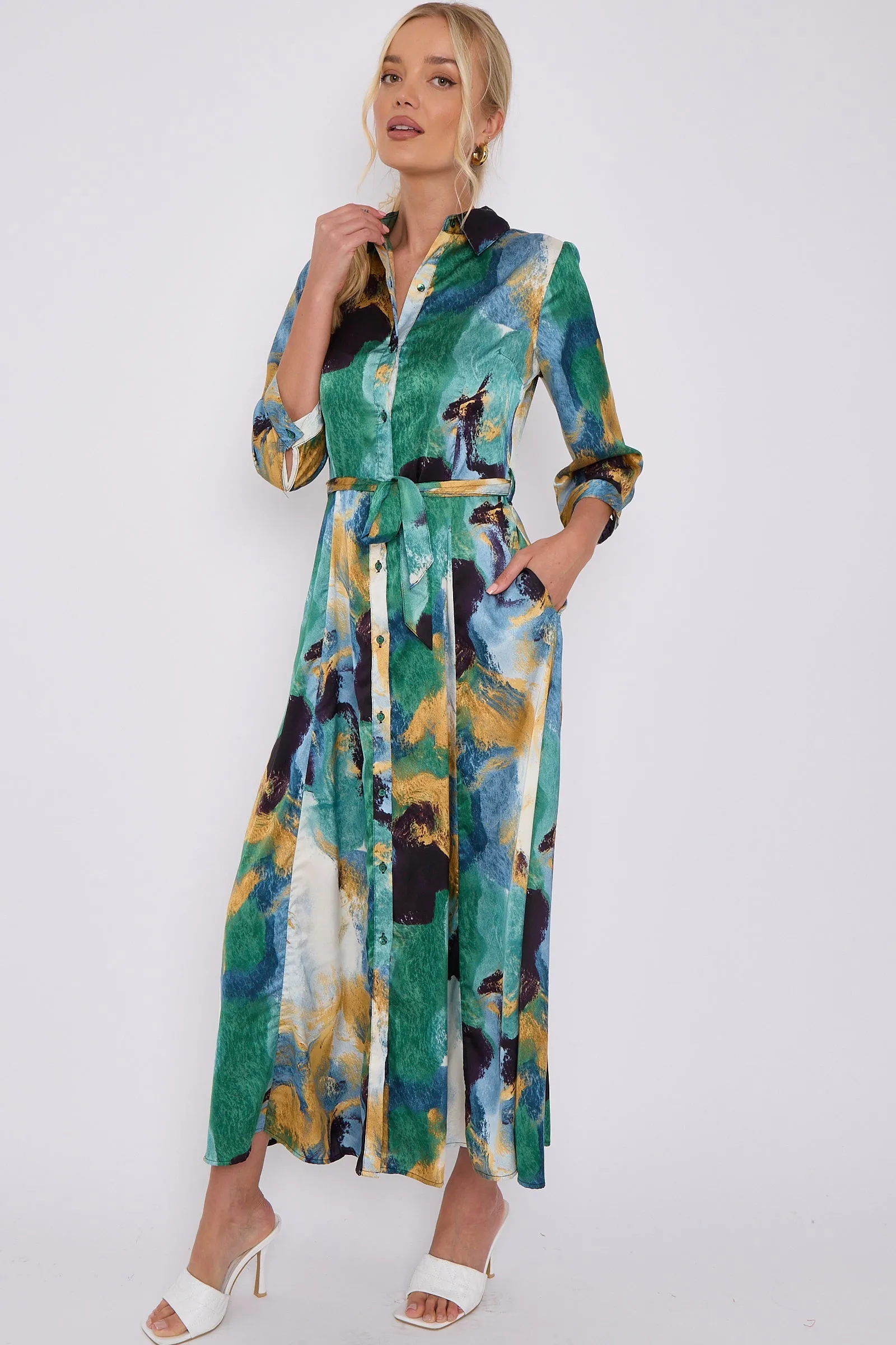 Green Abstract Print Satin Maxi Shirt Dress by LOVE SUNSHINE sold by Goddiva product image thumbnail 5